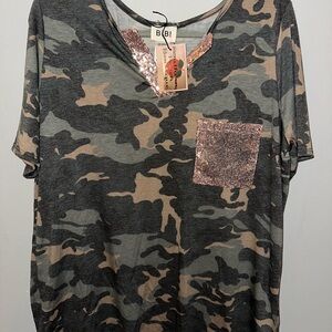 BiBi Camo Short Sleeve Tee with Sequin Accents